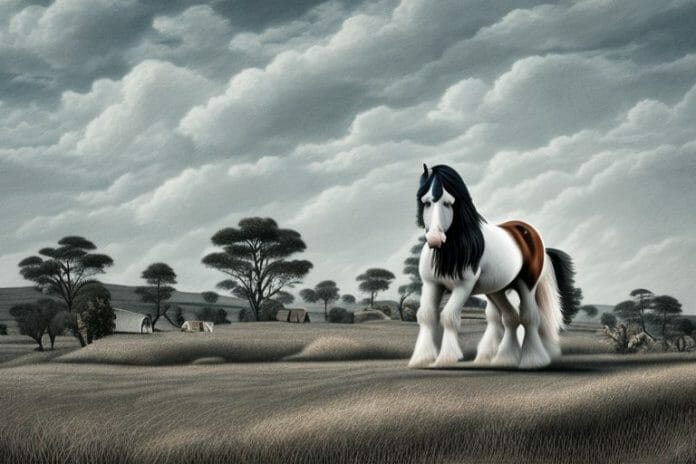 A clydesdale horse in a rural landscape in parys