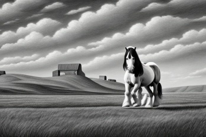 A clydesdale horse in a rural landscape in harrismith