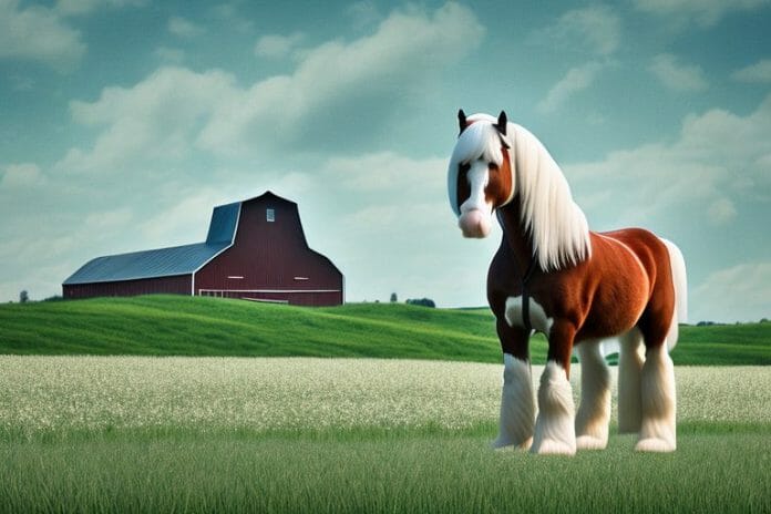 A clydesdale horse standing in a field with a barn in the background