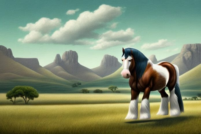 A clydesdale horse in a rural setting with a south african landscape in the background