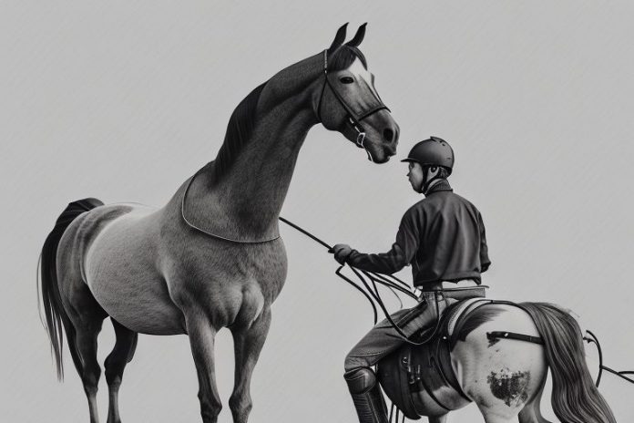 A horse and rider in a rural setting