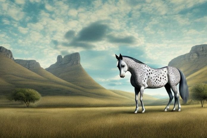 An appaloosa horse in a rural landscape in white river
