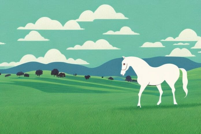 A horse in a field with rolling hills in the background