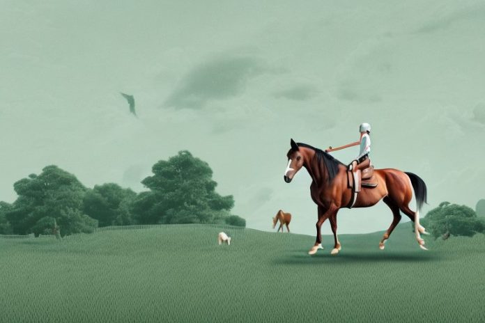 A horse and rider in a rural landscape