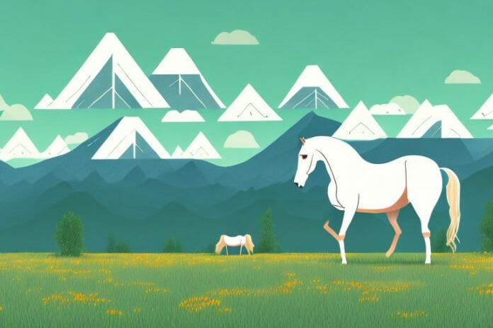 A horse in a meadow with a backdrop of mountains in the distance