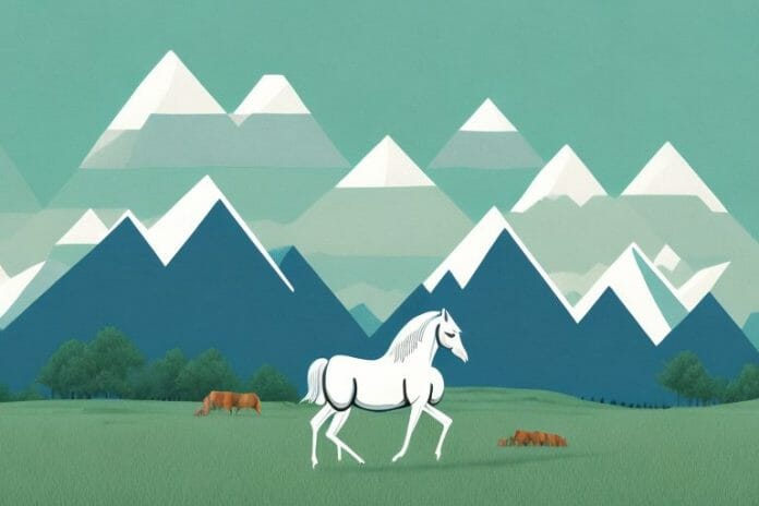 A horse in a field with mountains in the background