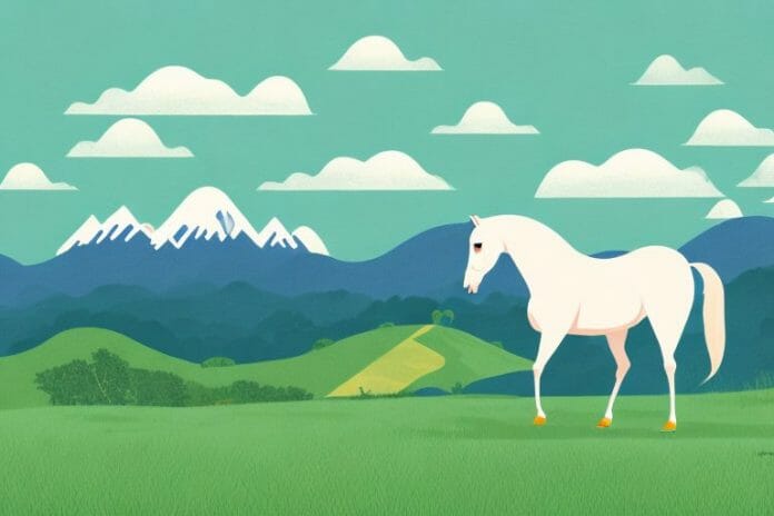 A horse in a field with a backdrop of rolling hills and mountains