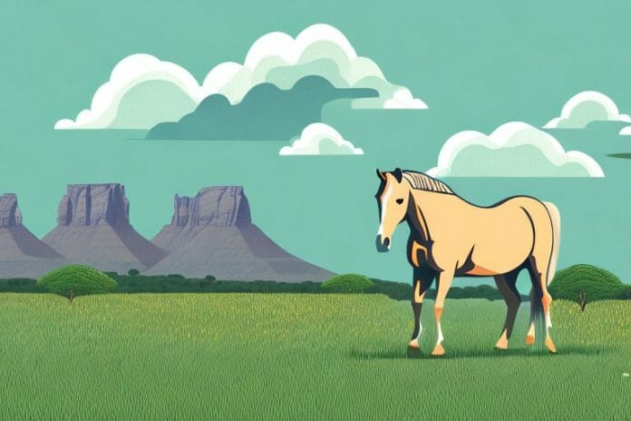 A horse in a field with a backdrop of the south african landscape