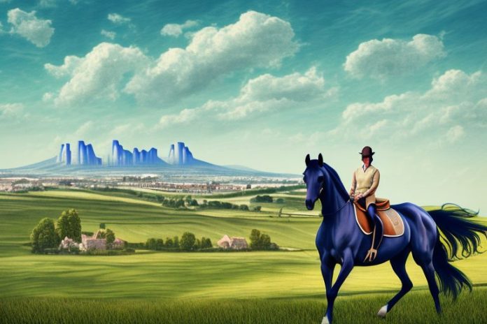 A horse and rider in a countryside setting