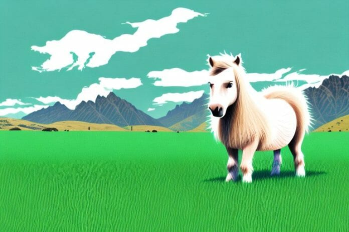 A shetland pony standing in a grassy field in queenstown