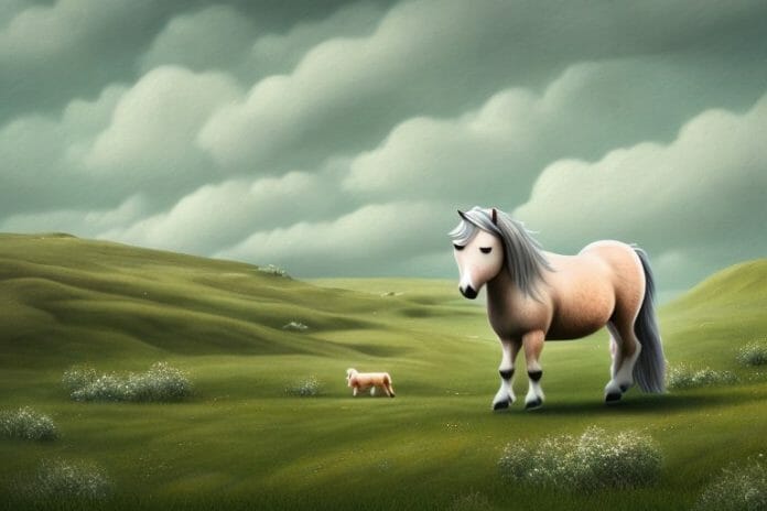 A shetland pony in a rural landscape
