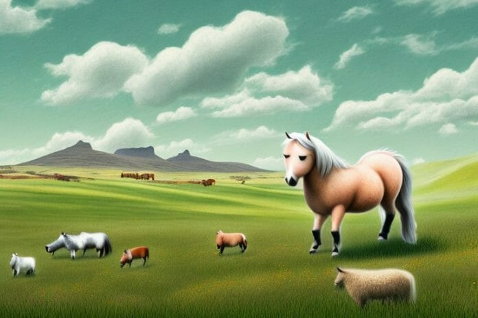 A shetland pony in a field with a rural south african landscape in the background