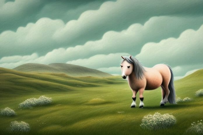 A shetland pony in a rural landscape
