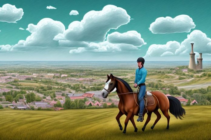 A horse and rider in a rural setting