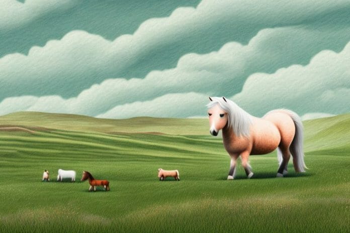 A shetland pony in a rural landscape in orkney