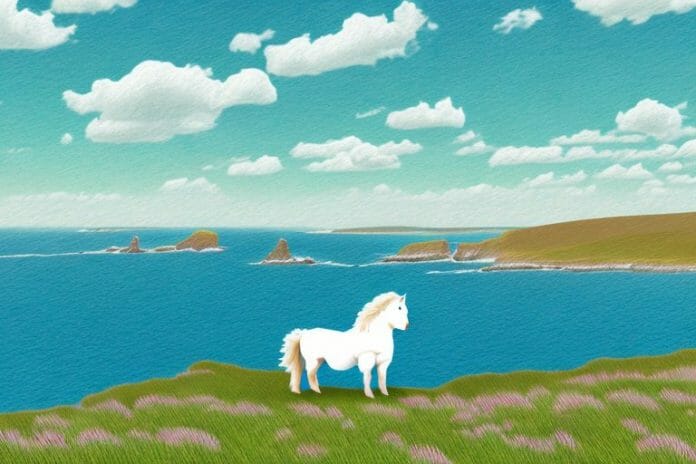 A shetland pony in a rural landscape with the mossel bay coastline in the background