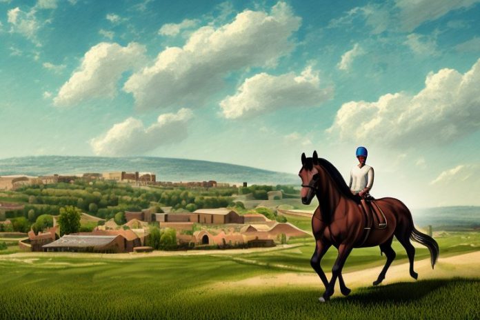 A horse and rider in a rural setting