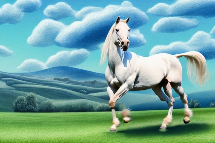 An andalusian horse in a rural setting with rolling hills and a blue sky