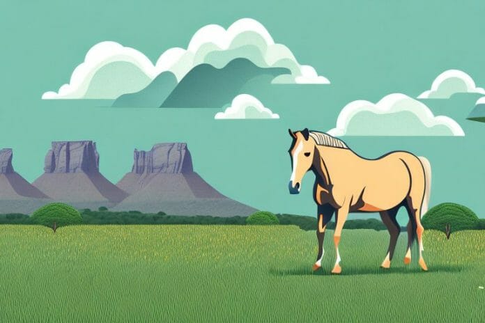 A horse in a field with a backdrop of the south african landscape