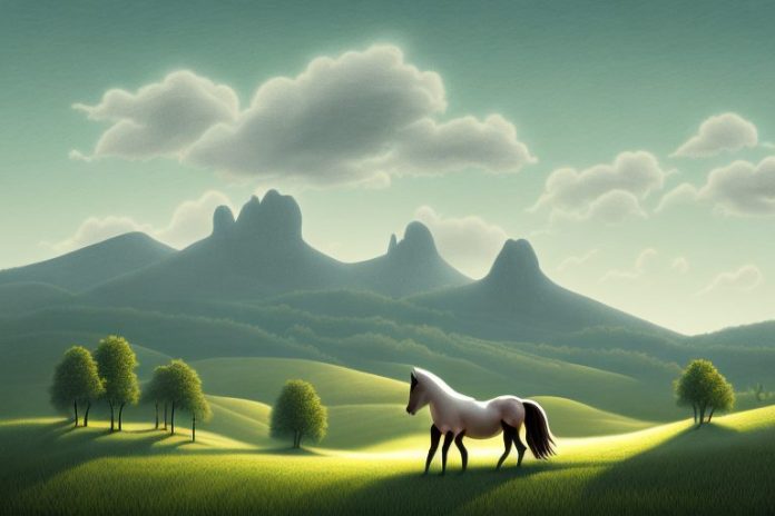 A hackney horse in a rural landscape with rolling hills and a distant mountain range