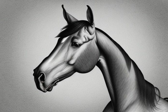 A belgian warmblood horse in a rural setting in parys