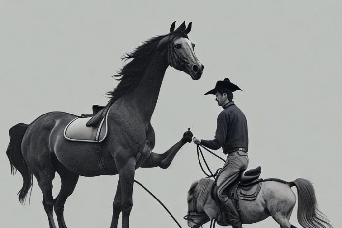 A horse and rider in a rural setting