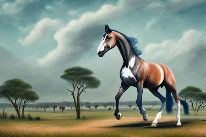 A belgian warmblood horse in a rural landscape of limpopo