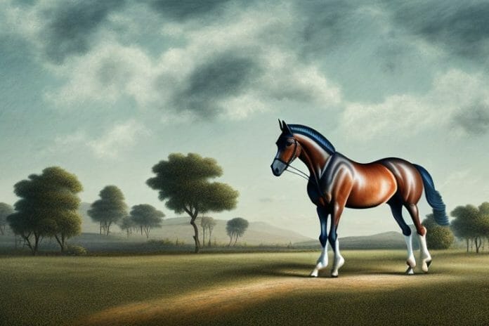 A belgian warmblood horse in a rural landscape in delmas