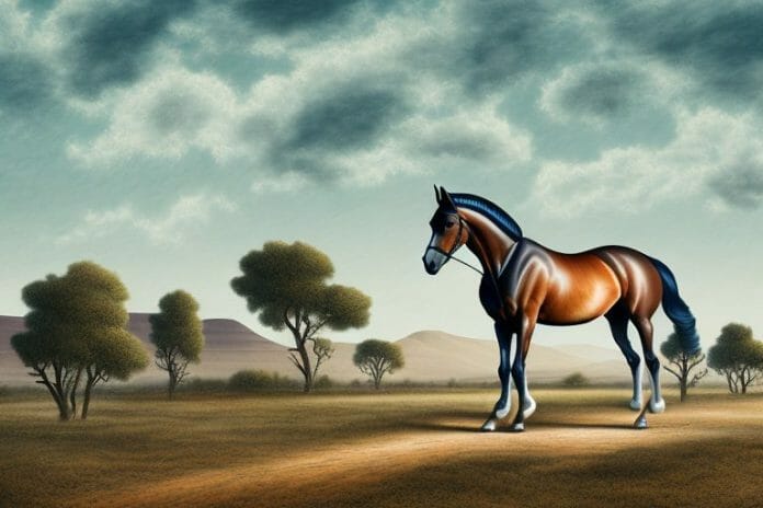A belgian warmblood horse in a rural landscape in the northern cape
