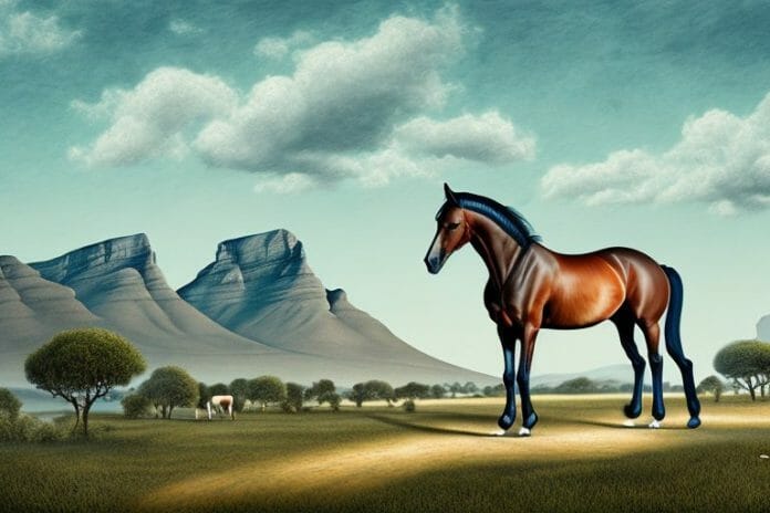 A belgian warmblood horse in a rural landscape in cape town