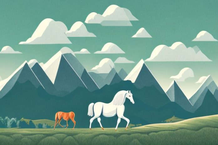 A horse in a rural landscape with mountains in the background
