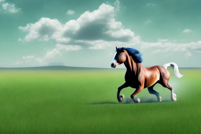 An american belgian draft horse galloping through a grassy landscape in mpumalanga