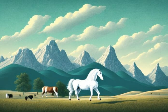 A percheron horse in a rural landscape with mountains in the background