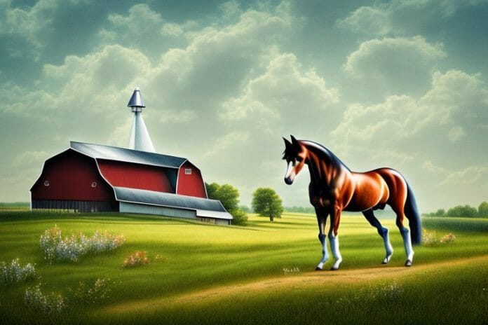A hanoverian horse in a rural landscape with a barn in the background