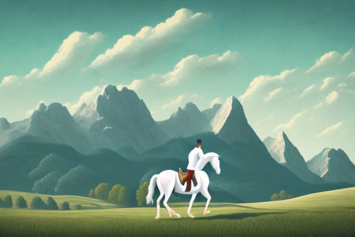 A horse and rider in a rural landscape