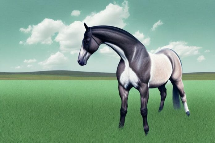 A hanoverian horse standing in a grassy field in white river