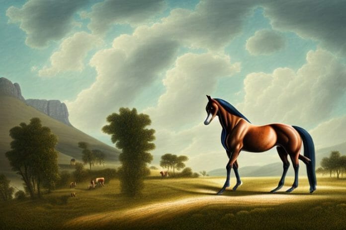 A hanoverian horse in a rural landscape in prieska
