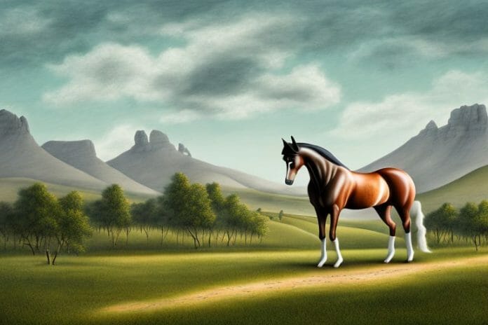 A hanoverian horse in a rural landscape in stellenbosch
