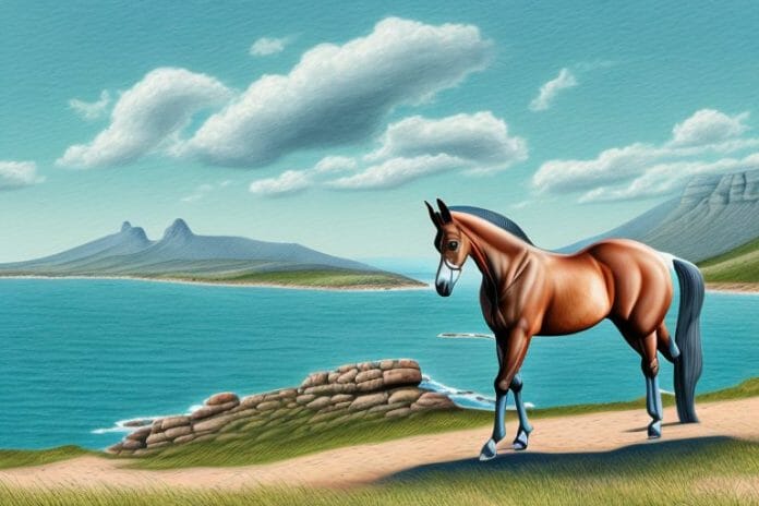 A hanoverian horse in a scenic landscape of mossel bay