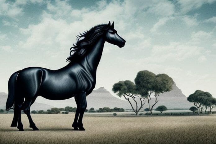 A friesian horse in a rural south african landscape