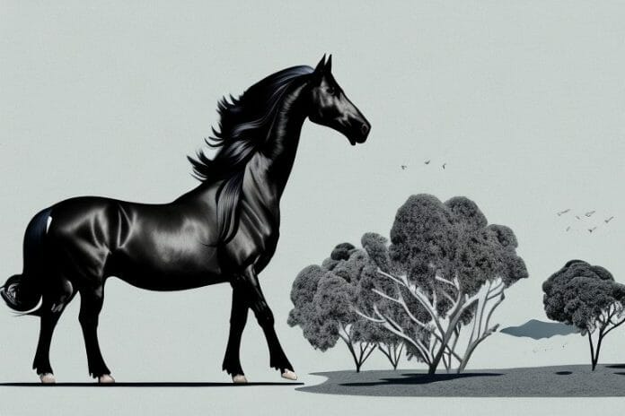 A friesian horse in a westville