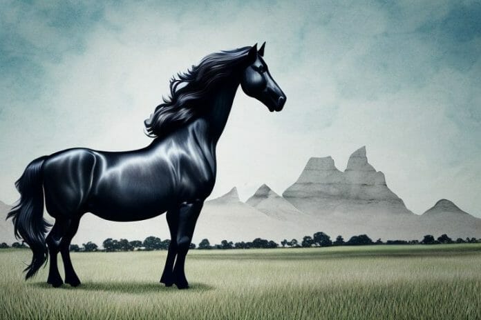 A friesian horse in a pasture in richards bay