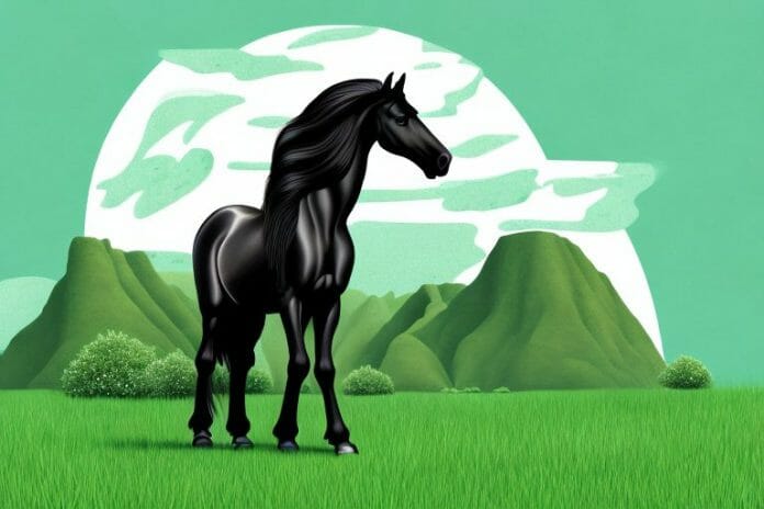 A majestic friesian horse in a lush green pasture in ballito