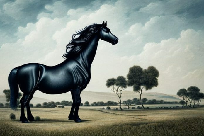 A friesian horse in a rural landscape in mthatha