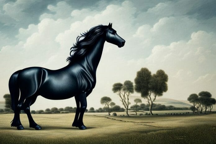 A friesian horse in a rural landscape in east london