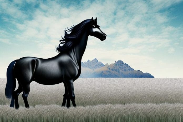 A friesian horse standing in a field in queenstown