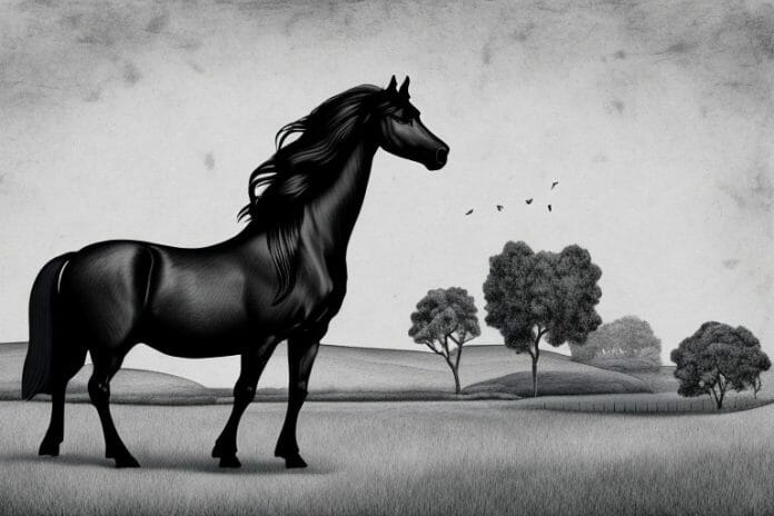 A friesian horse in a rural setting in grahamstown