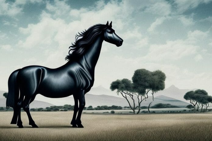 A friesian horse in a rural south african landscape