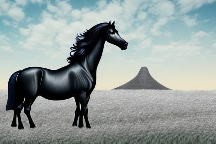 A friesian horse in a field in bisho