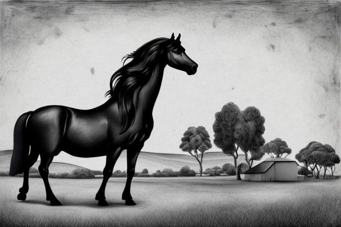 A friesian horse in a rural setting in king william's town